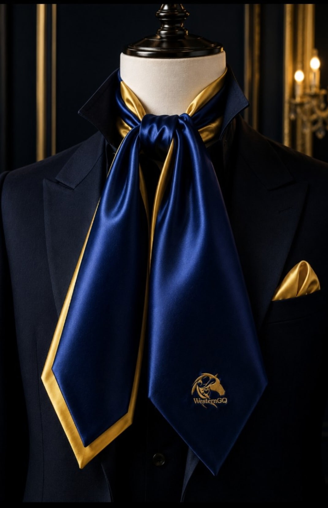 Western GQ navy satin cravat scarf with gold trim, gold pocket square and Western GQ emblem on a navy suit